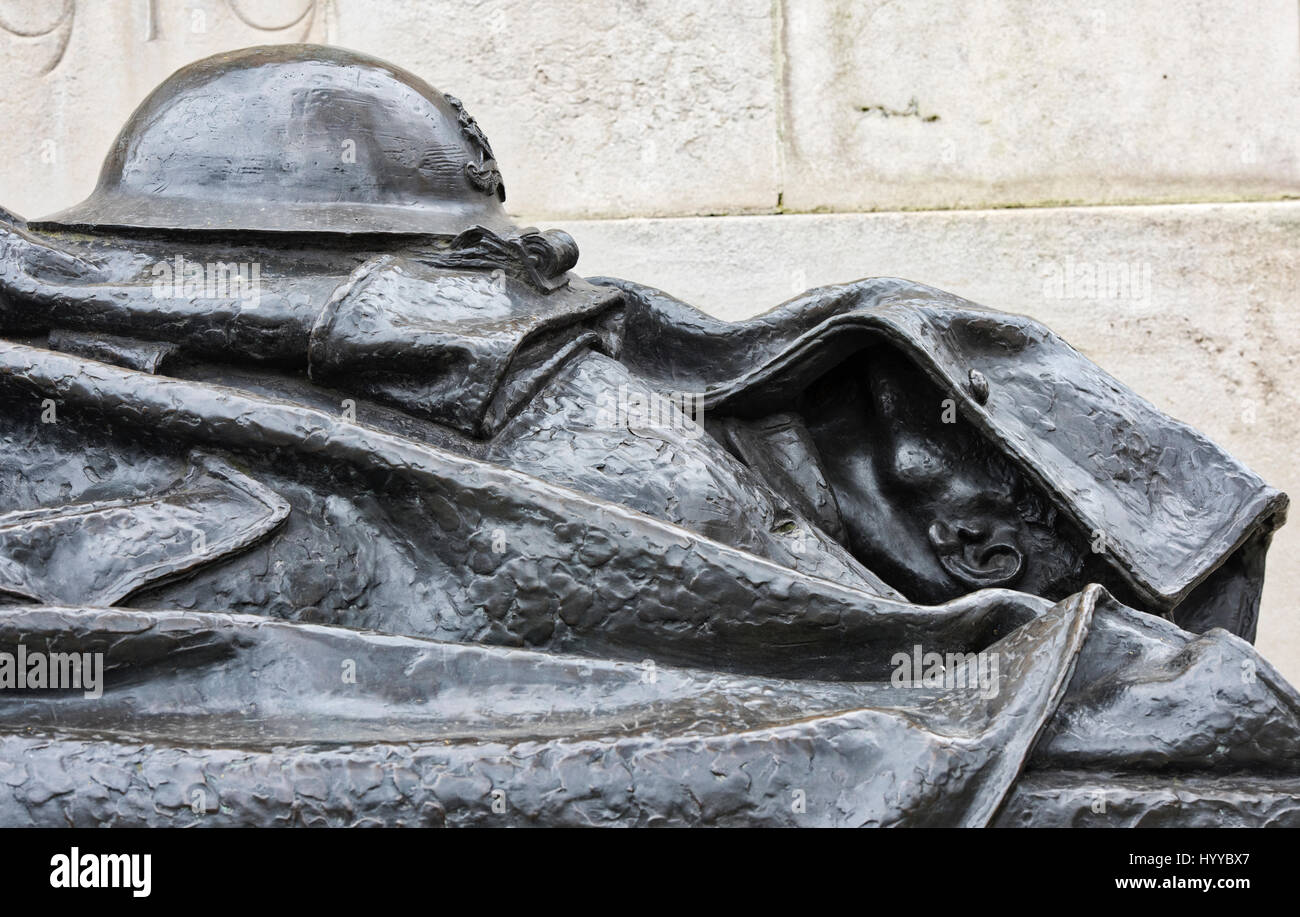 Bronze statue of the fallen artilleryman on the Royal Artillery Memorial, Hyde Park Corner. London. UK Stock Photo
