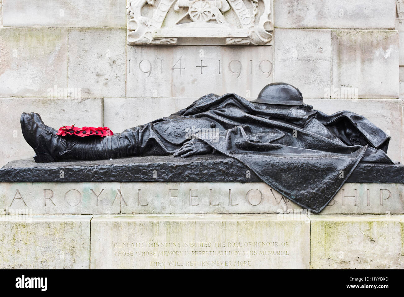 Bronze statue of the fallen artilleryman on the Royal Artillery Memorial, Hyde Park Corner. London. UK Stock Photo