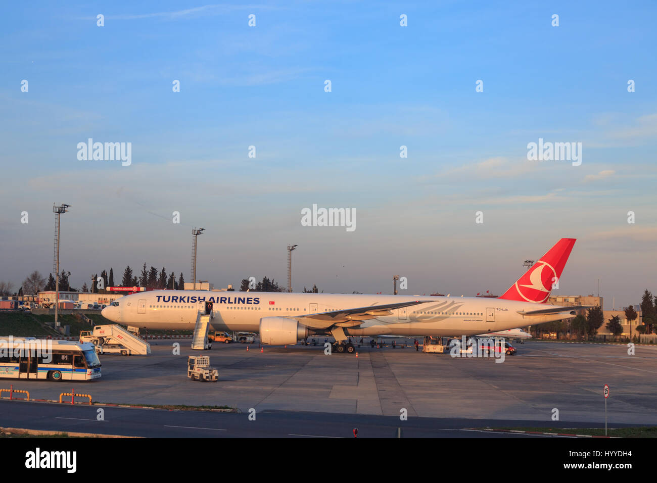 At Ataturk airport, Istanbul, Turkey March 18, 2017 A big turkish airlines plane waiting at