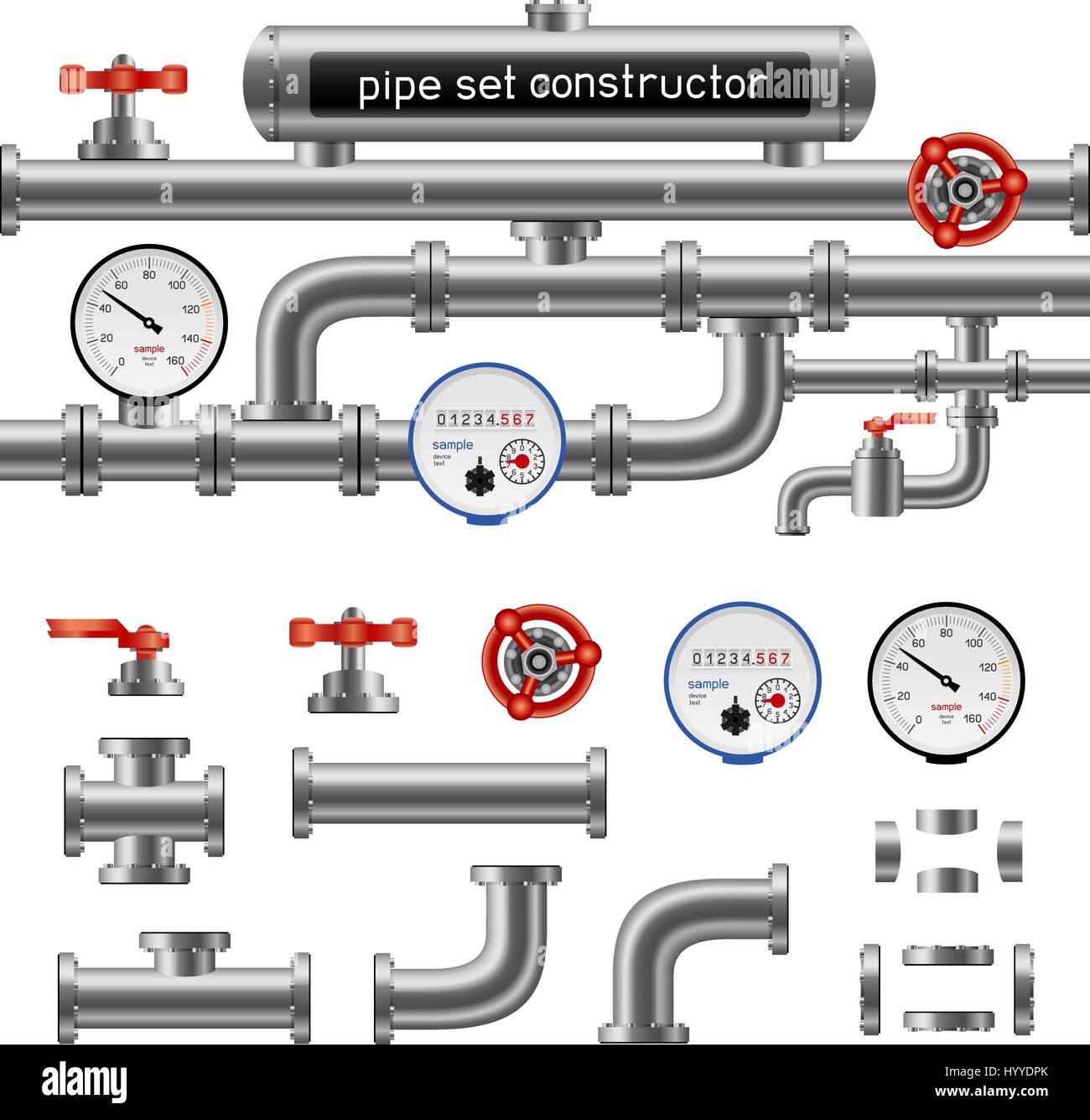 Black pipe set constructor isolated on white background. Industry pump measure device and tap
