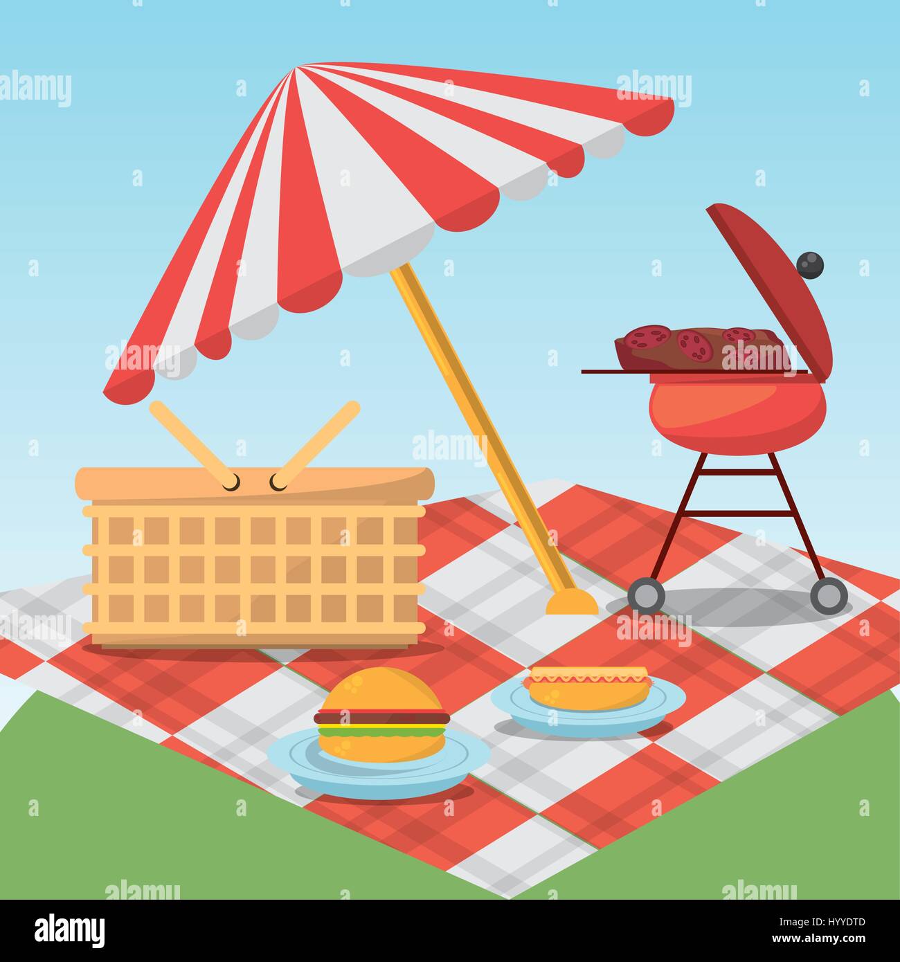 picnic relax umbrella blanket basket and grill food Stock Vector Image ...