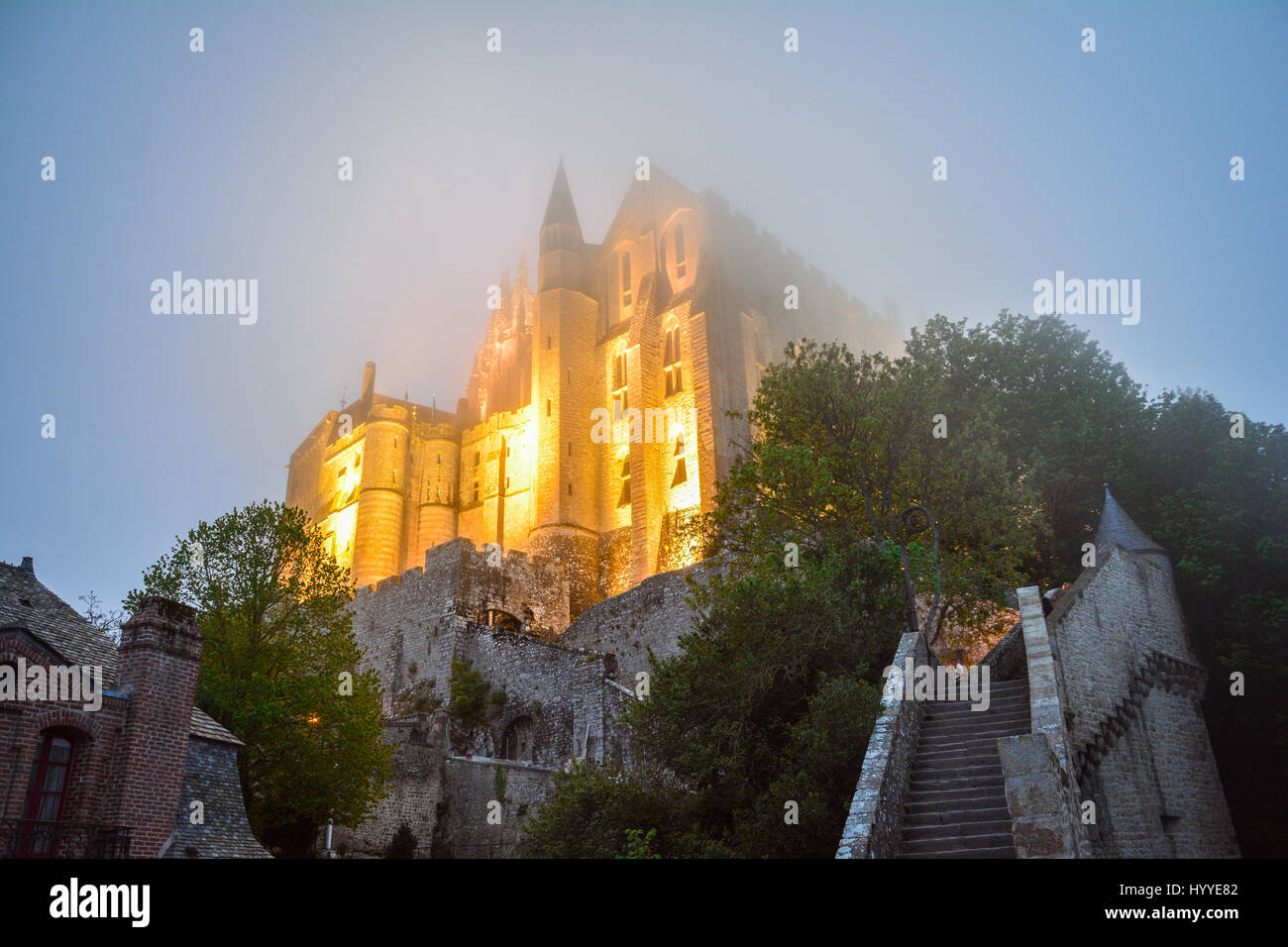 Foggy night in Mont Saint Michel, Normandy, France Stock Photo
