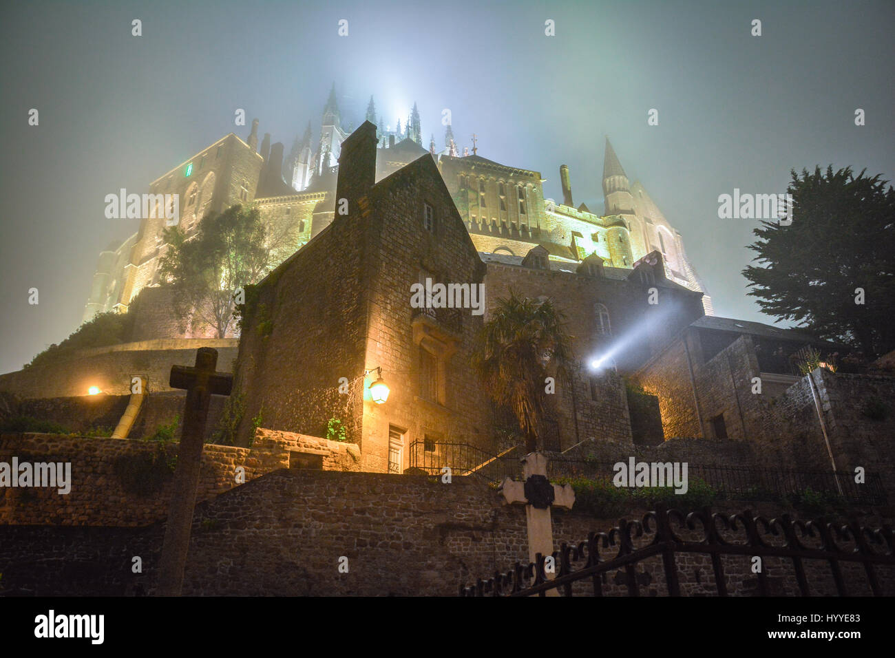 Foggy night in Mont Saint Michel, Normandy, France Stock Photo