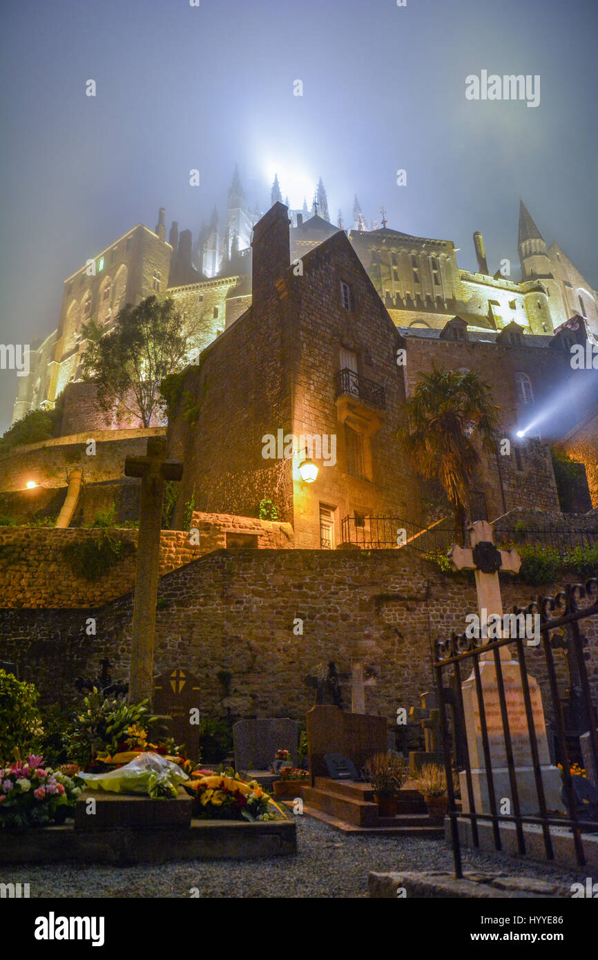 Foggy night in Mont Saint Michel, Normandy, France Stock Photo