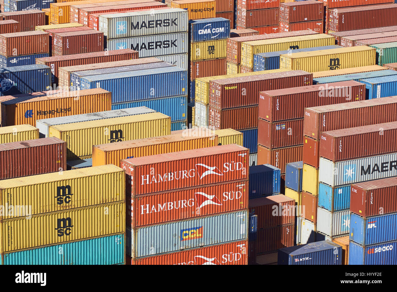 Colourful collection of shipping containers in the historic port of