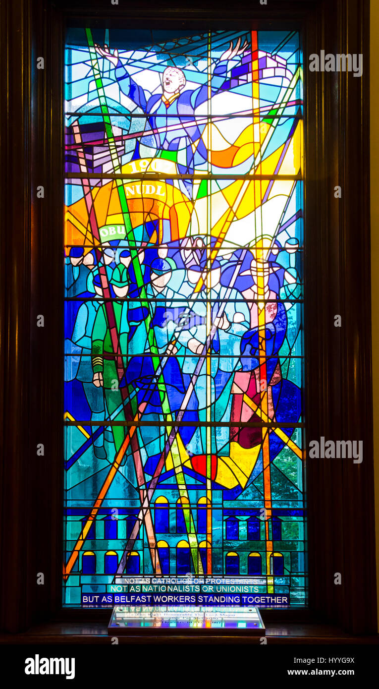 The Belfast Dockers Strike window, City Hall, Belfast, County Antrim, Northern Ireland, UK Stock Photo