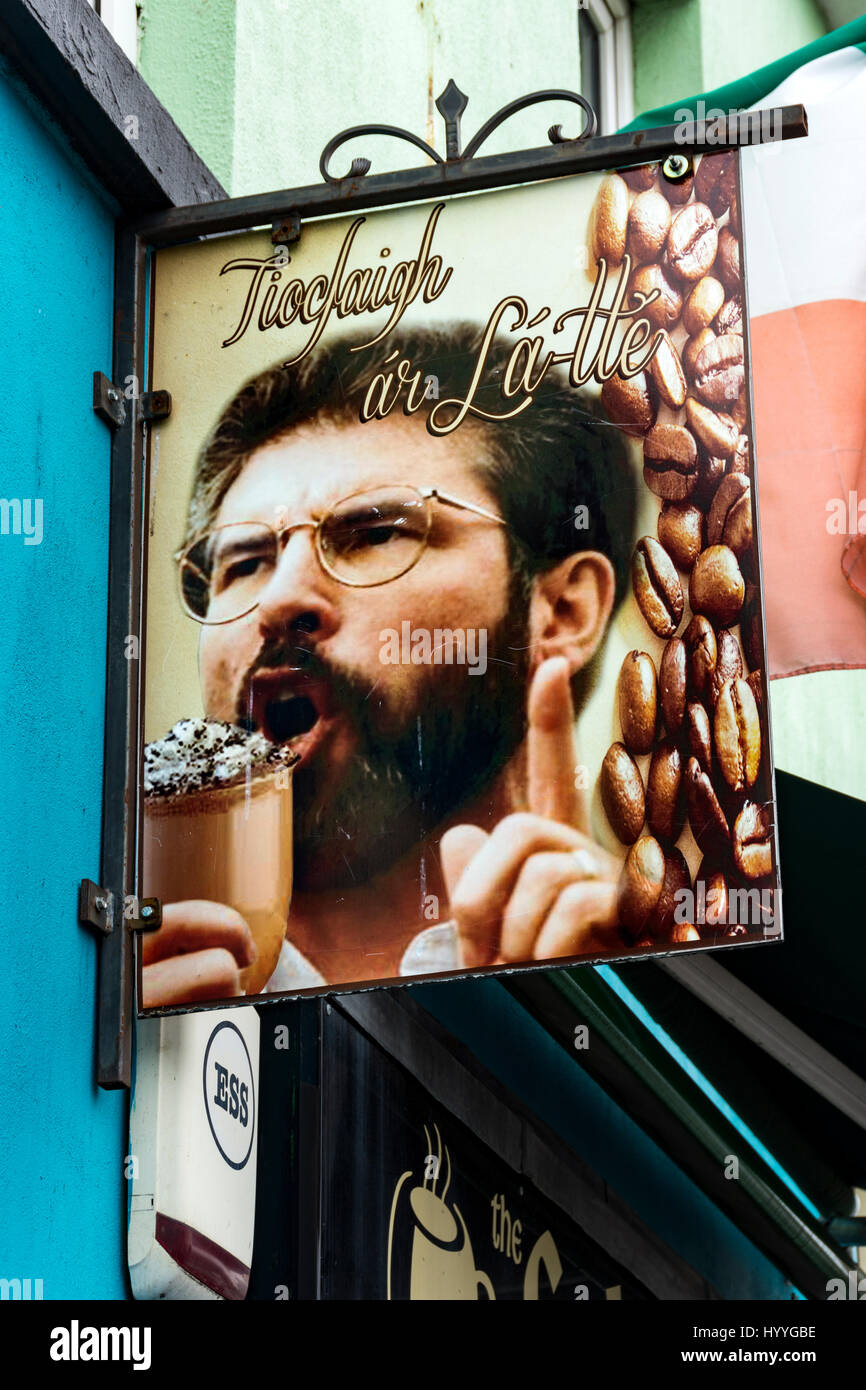 Sign depicting Gerry Adams at the Falls Rolls Cafe, Falls Road, Belfast, County Antrim, Northern Ireland, UK Stock Photo