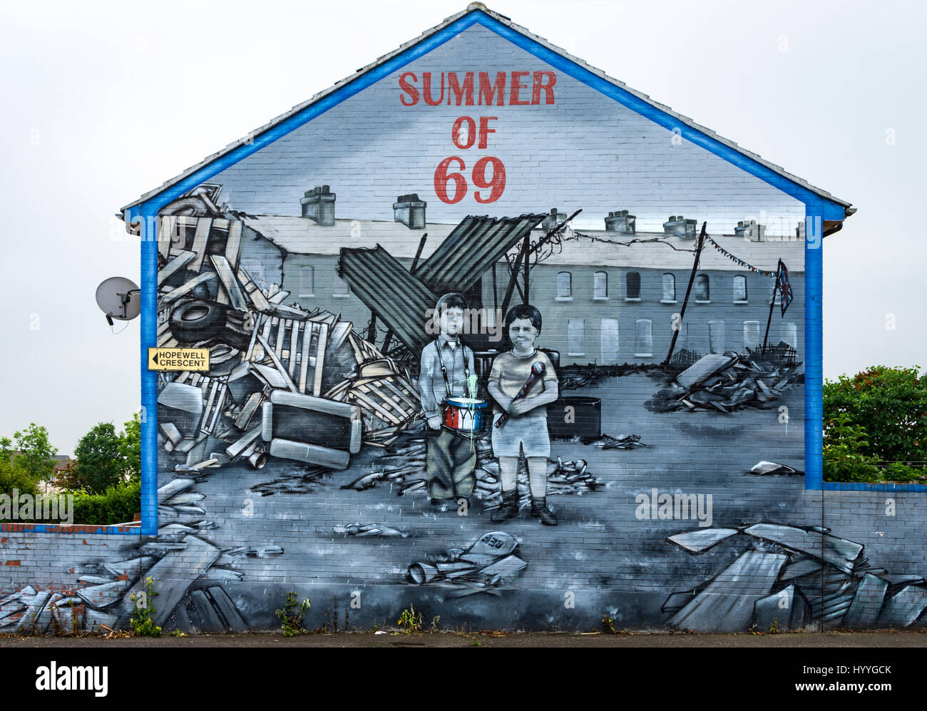 'Summer of 69' loyalist wall mural on the Shankill estate, Belfast, County Antrim, Northern Ireland, UK Stock Photo