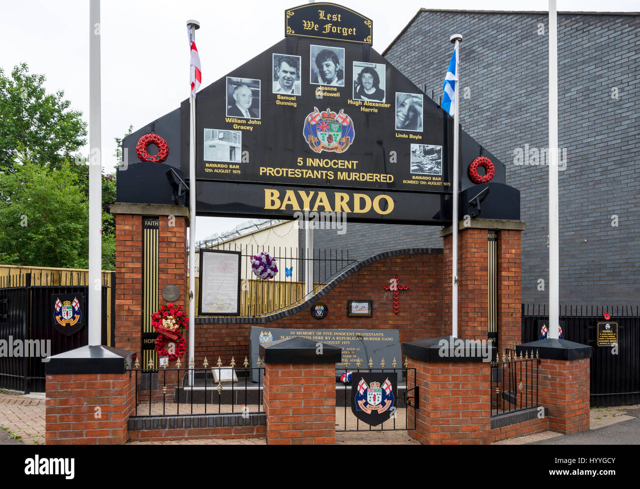 Memorial to the victims, on the site of the bombed Bayardo Bar, Shankill Road, Belfast, County Antrim, Northern Ireland, UK Stock Photo