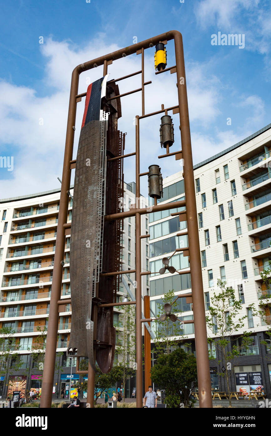 'Kit', a sculpture by Tony Stallard in the form of an Airfix model kit, Titanic Quarter, Belfast, County Antrim, Northern Ireland, UK Stock Photo