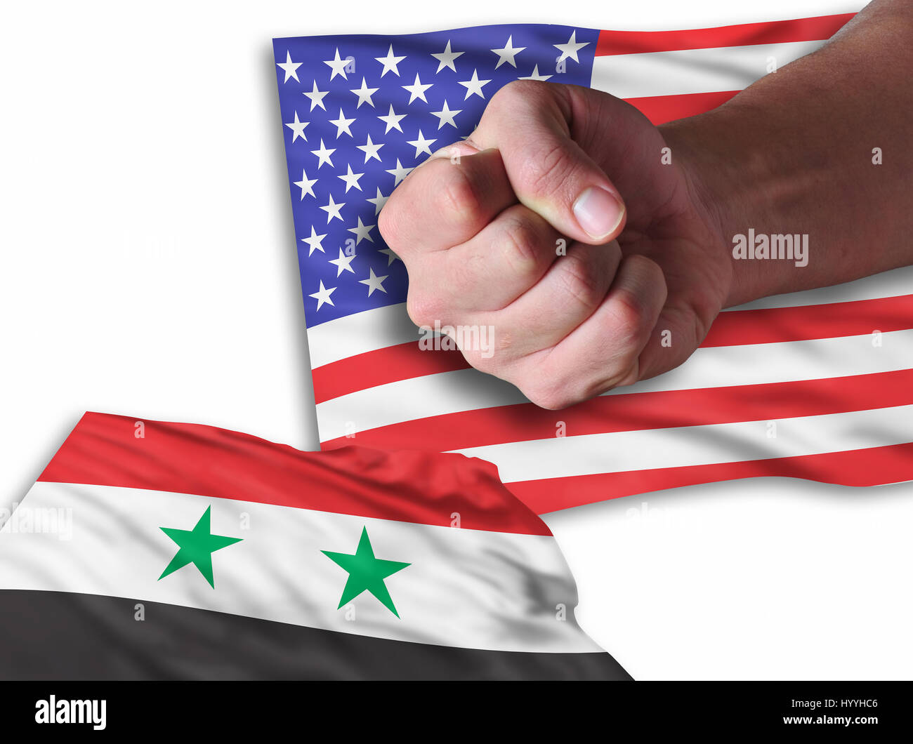 America is back and very strong agains Syrian flag. Stock Photo