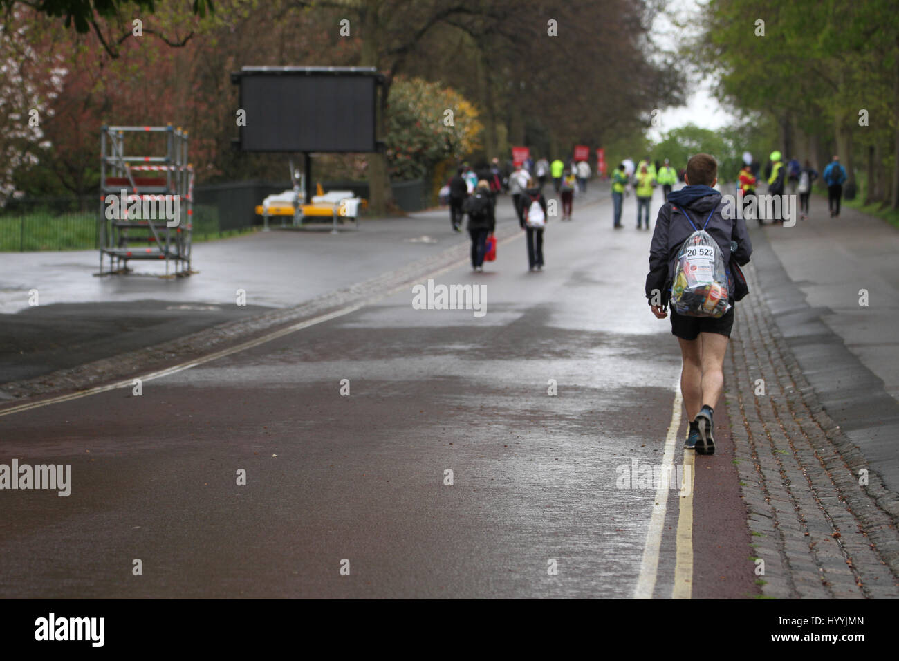 London, UK 24 April 2016. Runners prepare for the annual Virgin Money London Marathon at Blackheath on 24th April 2016. Three quarters of all London Marathon competitors run for a charity, the NSPCC being the Official charity of the 2016 marathon.Approximately 38,000 runners are expected to start the run, with the London Marathon’s one millionth finisher crosing the line during this years race, a milestone in the history of the race that started in 1981. © David Mbiyu/Alamy Live News Stock Photo