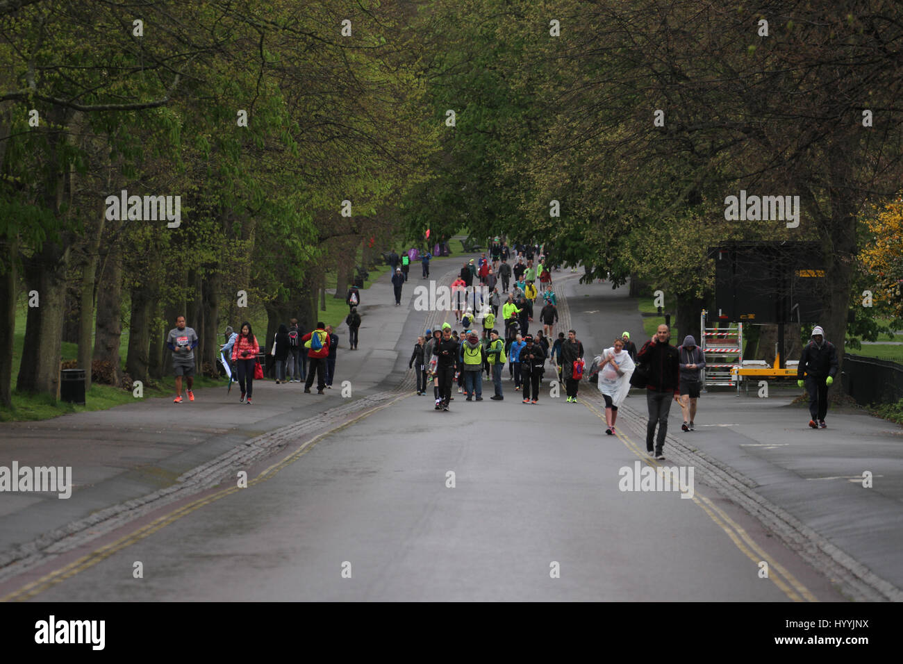 London, UK 24 April 2016. Runners prepare for the annual Virgin Money London Marathon at Blackheath on 24th April 2016. Three quarters of all London Marathon competitors run for a charity, the NSPCC being the Official charity of the 2016 marathon.Approximately 38,000 runners are expected to start the run, with the London Marathon’s one millionth finisher crosing the line during this years race, a milestone in the history of the race that started in 1981. © David Mbiyu/Alamy Live News Stock Photo