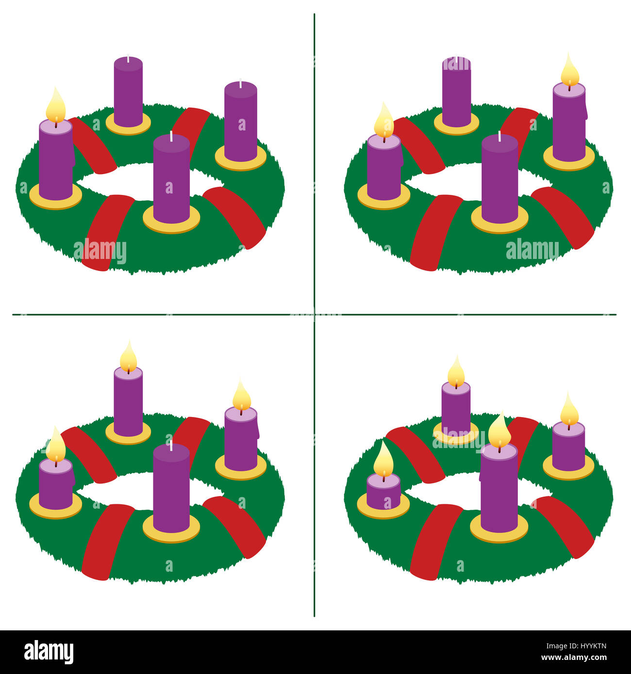 Advent wreath on first, second, third, fourth Sunday of Advent - with one, two, three and four lighted candles in different lengths. Stock Photo