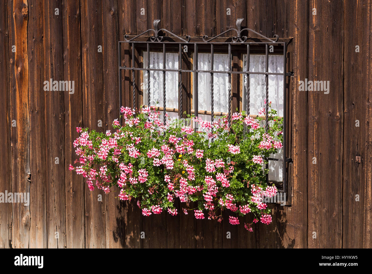 Barred window with flowers in ancient country house with rough wooden walls. Traditional wabi-sabi aesthetic worldview. Stock Photo