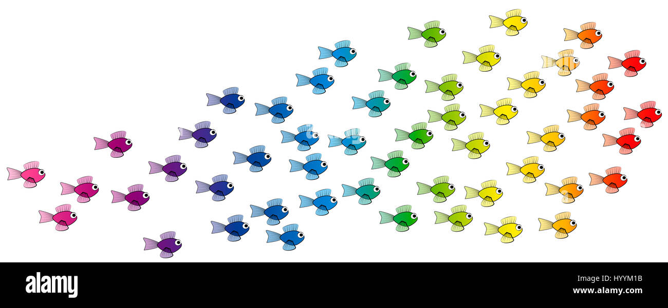 School of fish - rainbow colored young fish team - isolated comic illustration on white background. Stock Photo