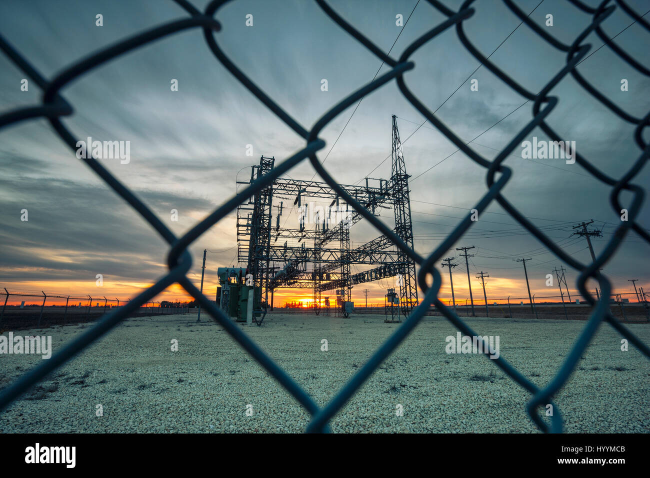 Electrical sub station at sunset Stock Photo