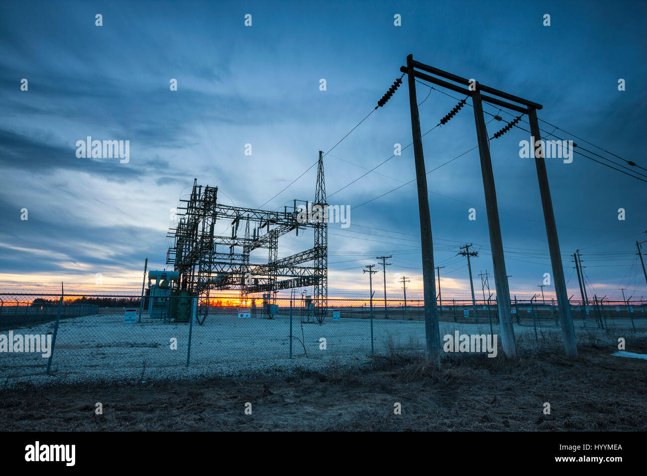Electrical sub station at sunset Stock Photo