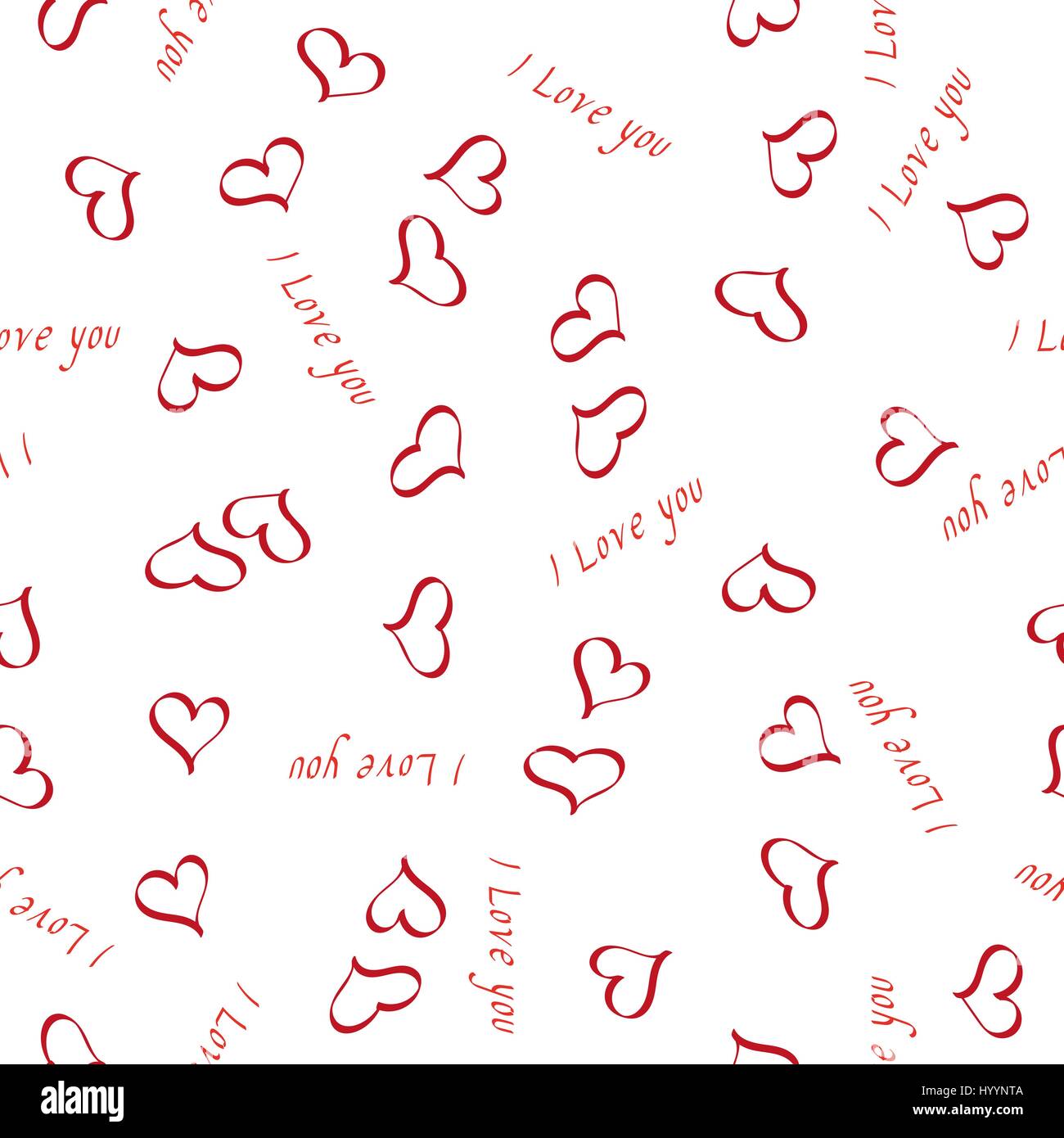 Abstract seamless background in the form of hearts and inscriptions i love you red on a white background Stock Vector