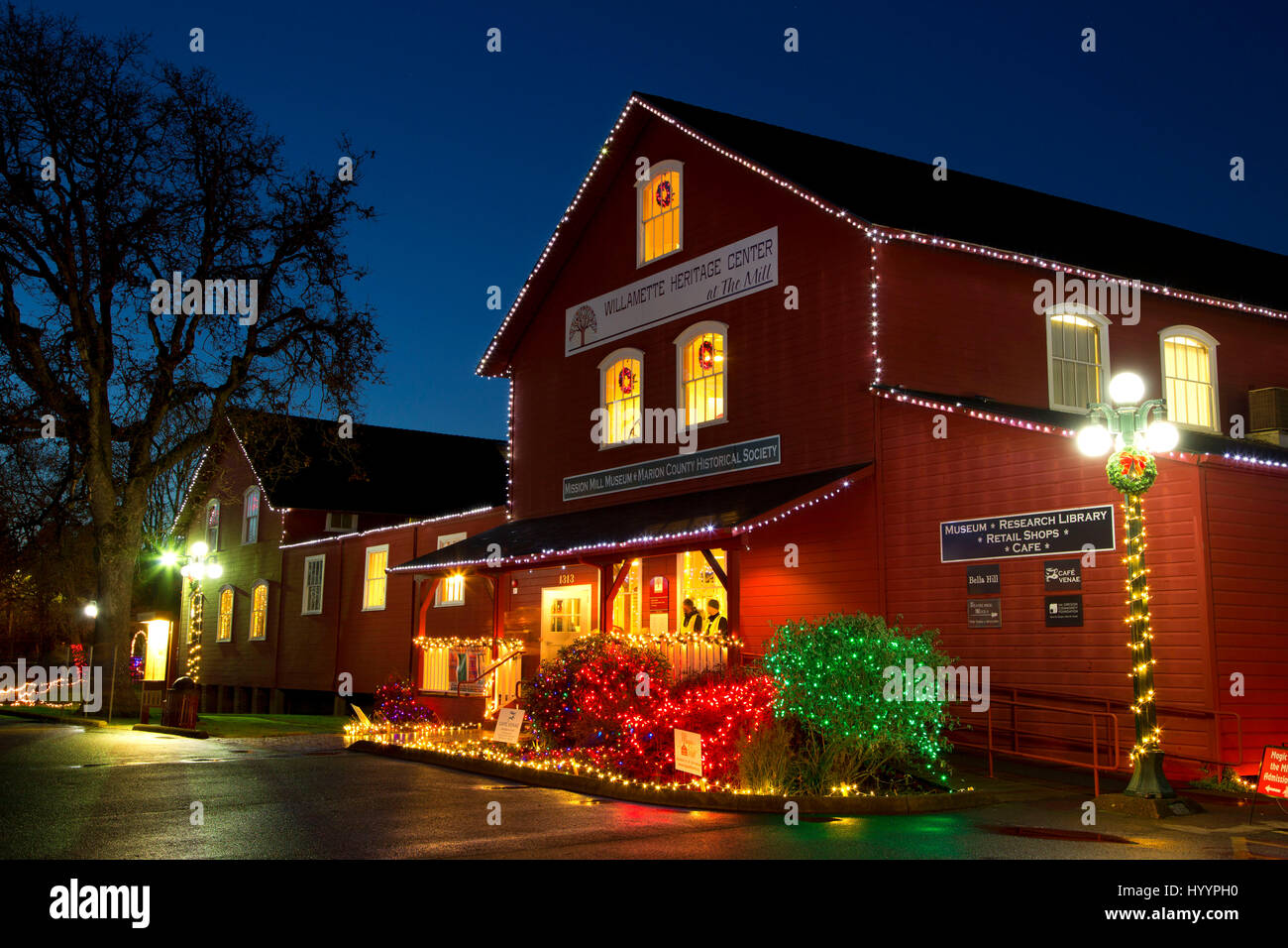 Warehouse Building with Christmas lights, Willamette Heritage Center at