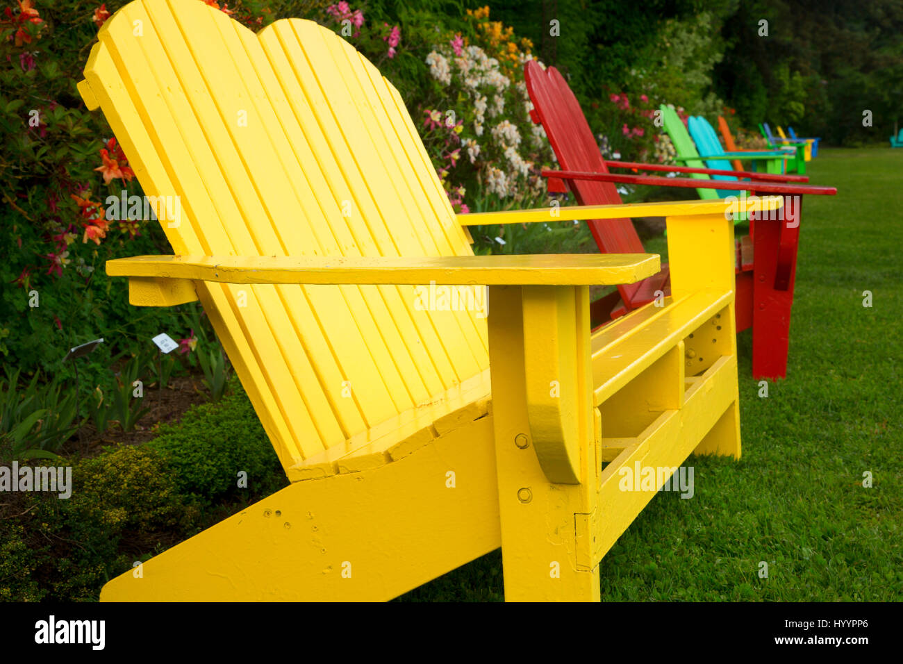 Chairs at Display Garden, Schreiners Iris Gardens, Keizer, Oregon Stock