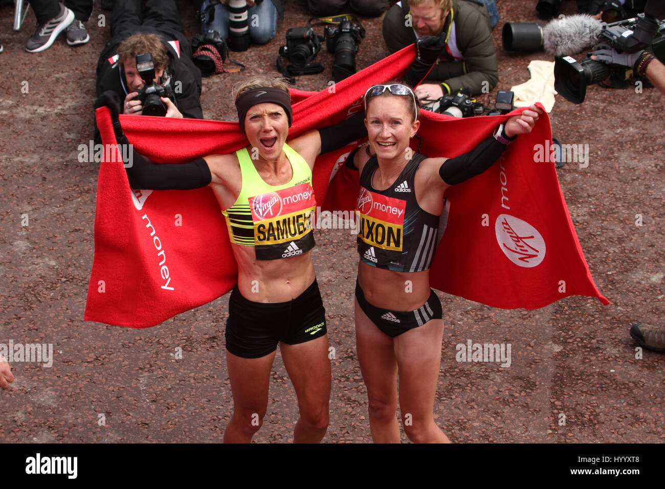 London, UK 24 April 2016. Sonia Samuels and Dixon the second and first place UK runners to finish the Virgin Money London Marathon. The men's course records is 2:04:29 (2014), held by Wilson Kipsang and women's: 2:15:25 (2003) held by Paula Radcliffe. © David Mbiyu/Alamy Live News Stock Photo