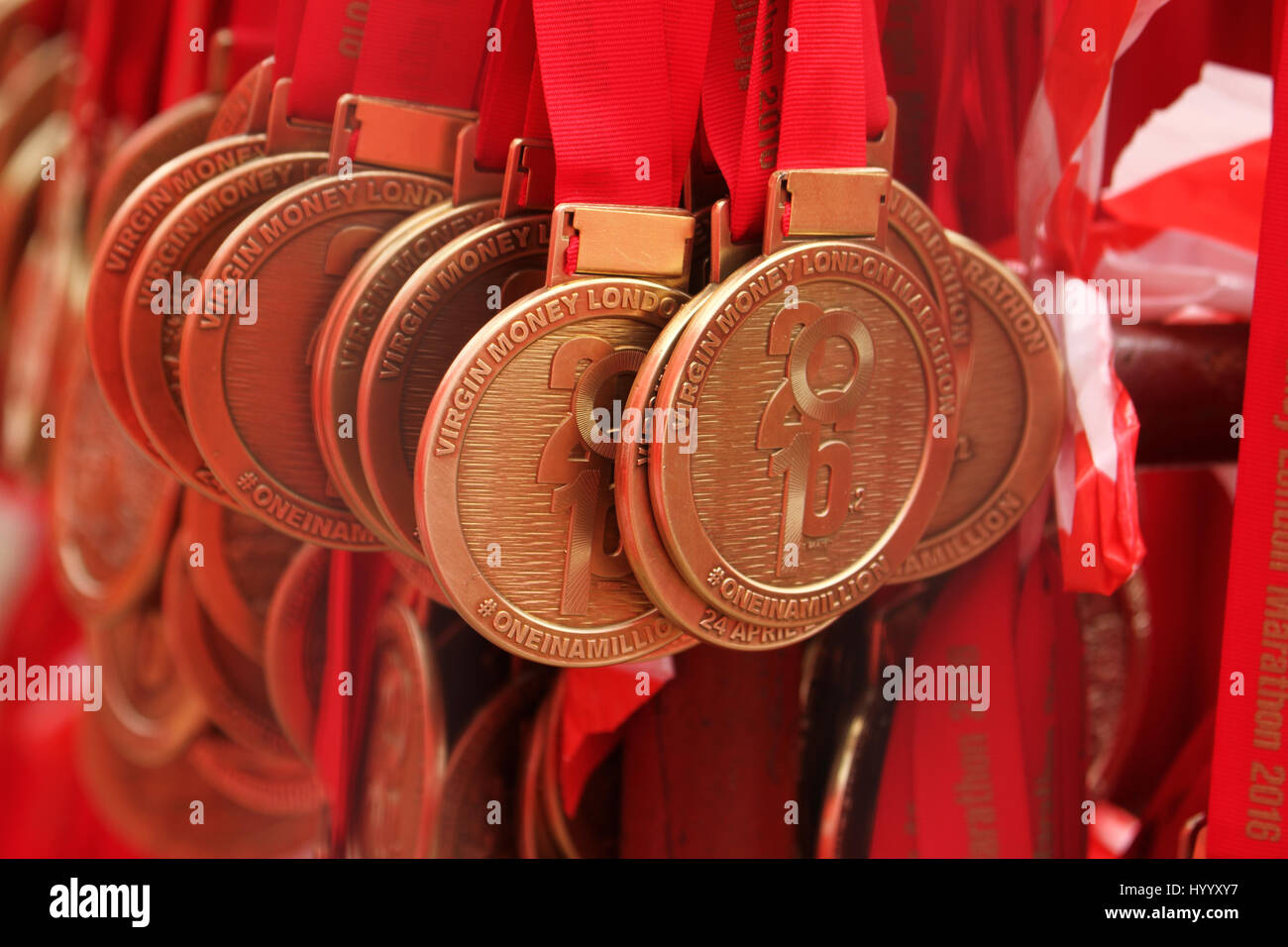 London, UK 24 April 2016. Virgin Money London Marathon medals awaiitng presentation a the Mall. © David Mbiyu/Alamy Live News Stock Photo