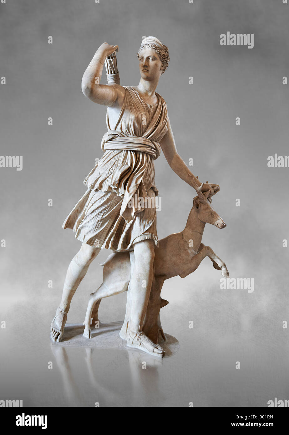 Artemis and a deer, known as 'Diana of Versailles”, 1st - 2nd cent Roman statue, marble from Italy.  Inv MR 152 or Ma 589, Louvre Museum Paris Stock Photo