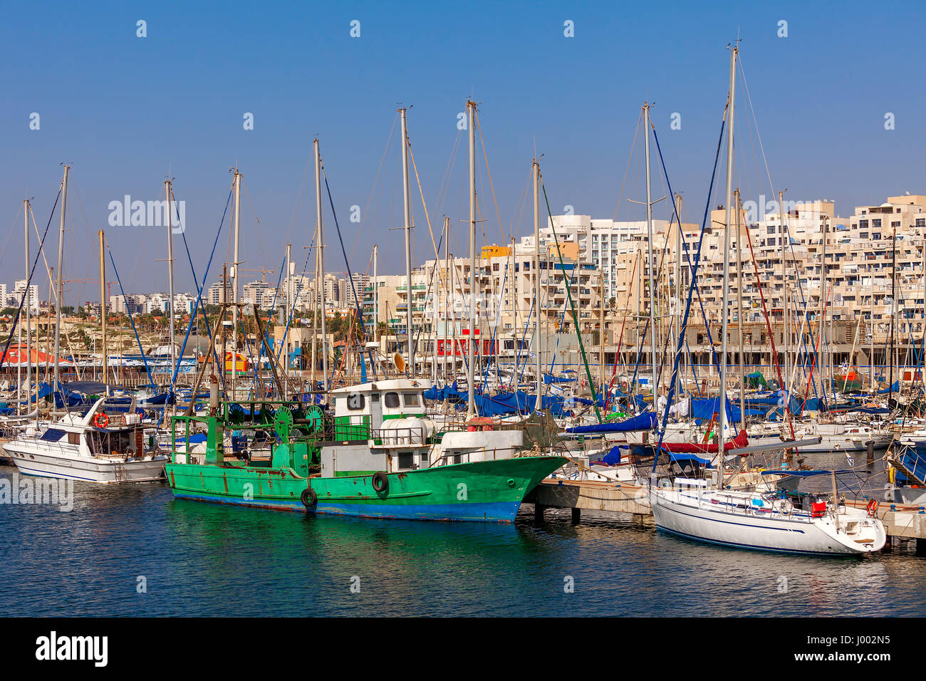 Yachts and boats anchored on marina in Ashkelon - coastal city on Mediterranean sea in Israel. Stock Photo