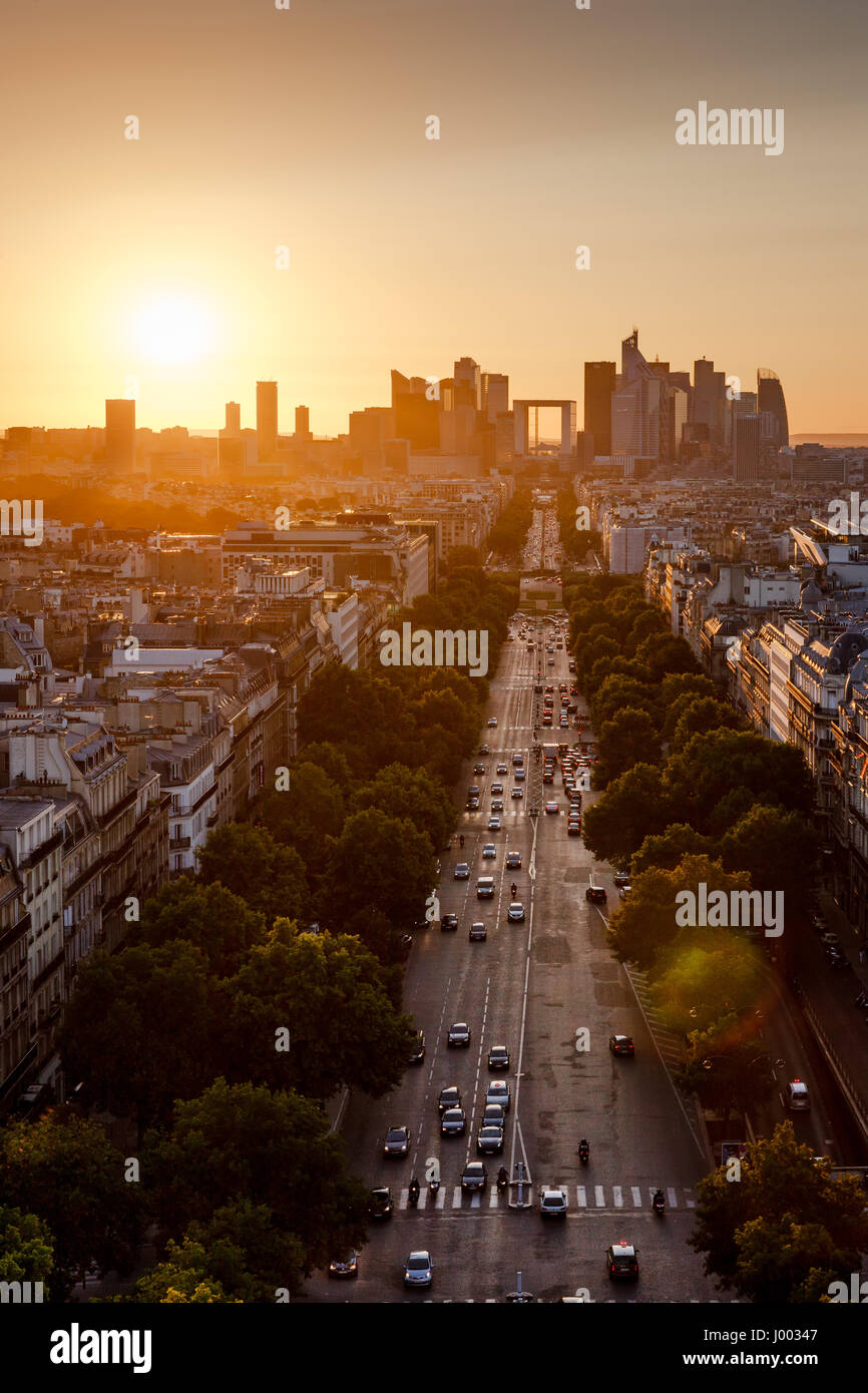 Summer sunset on Avenue de la Grande Armee and La Defense neighborhood in Paris. 16th and 17th Arrondissements, Paris, France Stock Photo