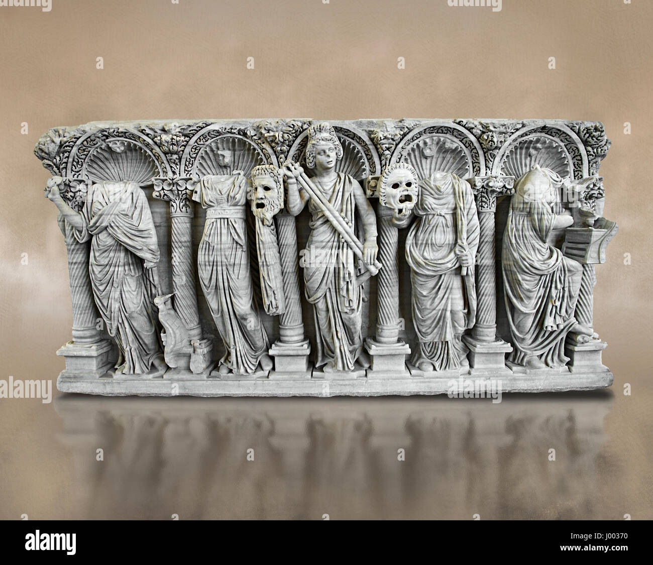 Roman relief sculpture on a sarcophagus side depiction the Muses, circa