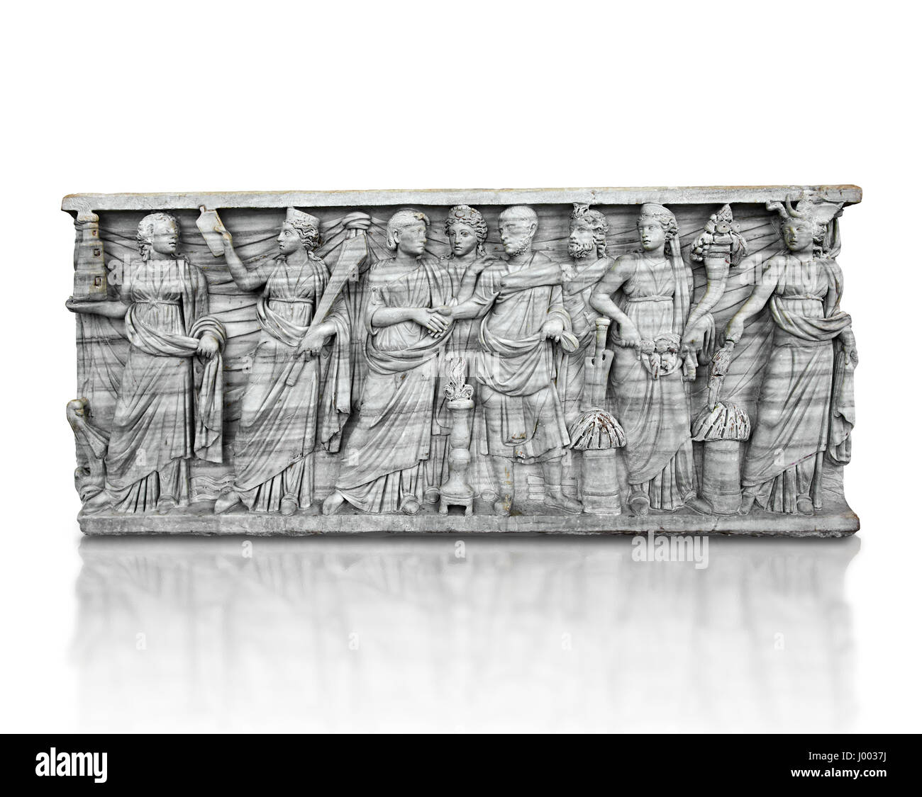 Roman relief sculpture sarcophagus showing a married couple with pagan