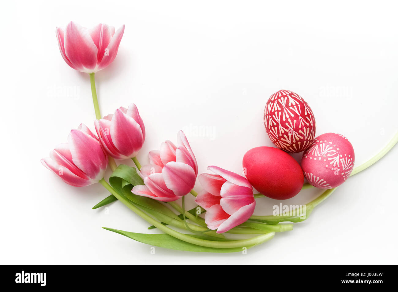 Easter eggs and tulips on white background. Flat lay. Top view Stock ...
