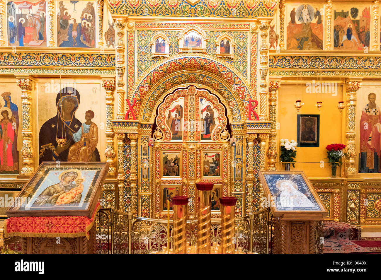 Pskov, Russia- June 6, 2016: Ancient Russian Orthodox Icons displayed ...