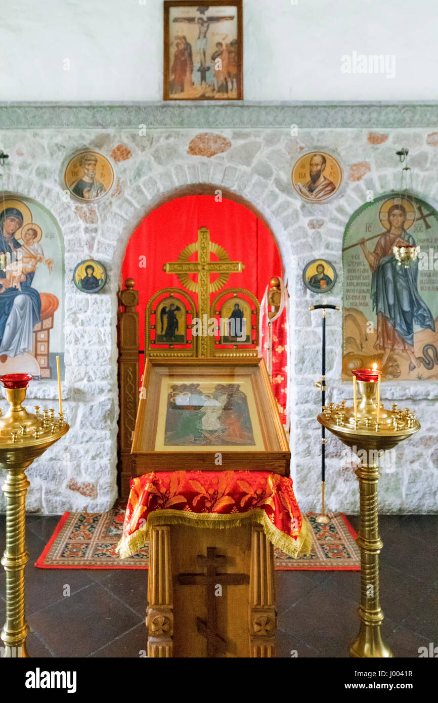 Pskov, Russia- June 6, 2016: Ancient Russian Orthodox Icons displayed ...