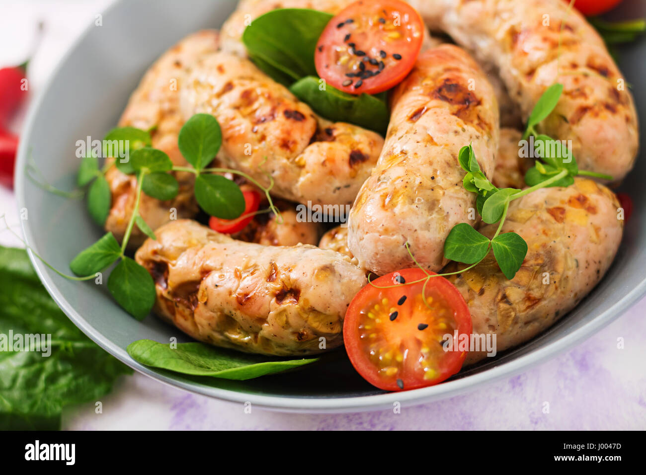 Dietary sausages from turkey fillet and mushrooms Stock Photo Alamy