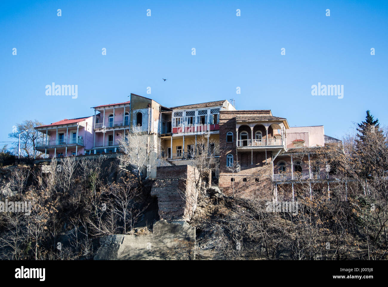 Wooden houses with decorated balconies, a center of Tbilisi old town, Georgia, Caucasus mountains. Stock Photo