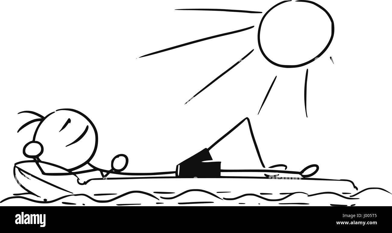 Cartoon vector stickman smiling enjoying sailing a airbed air mattress