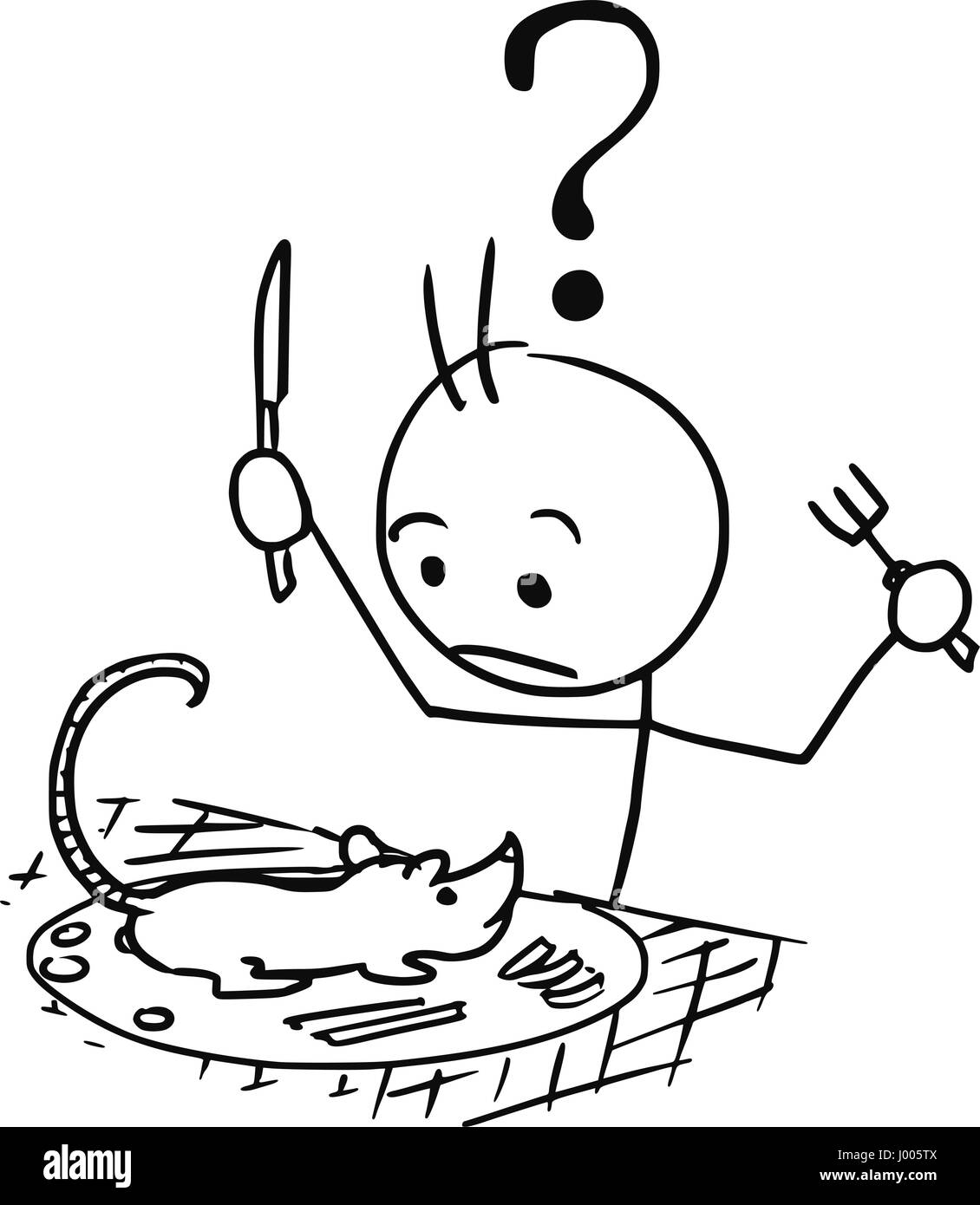 Cartoon vector stickman surprised male tourist to whom was served rat as food, dish, meal, launch with question mark above his head Stock Vector