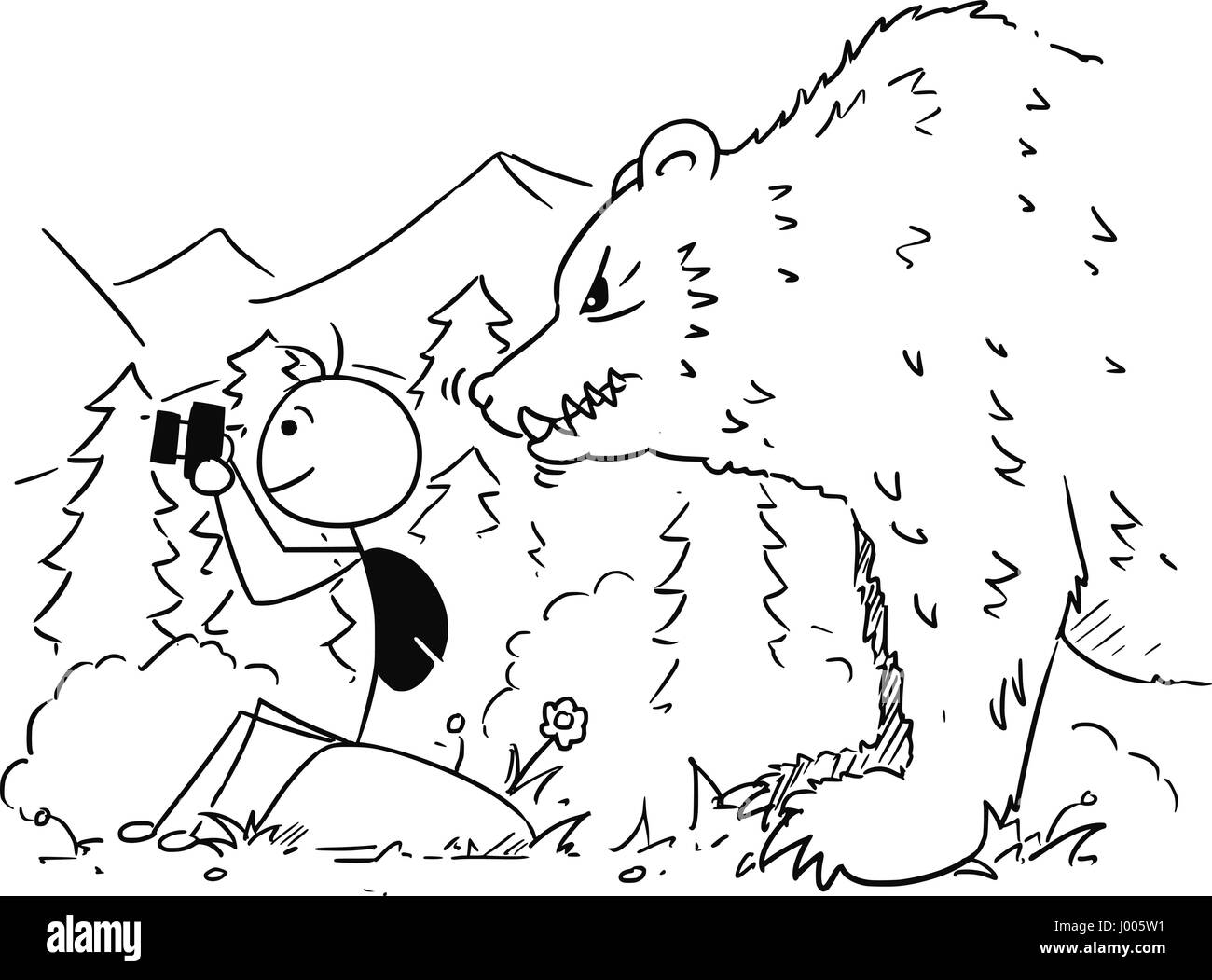 Cartoon vector stickman tourist is sitting on the rock taking a picture with camera in mountain while large huge bear stand behind him Stock Vector