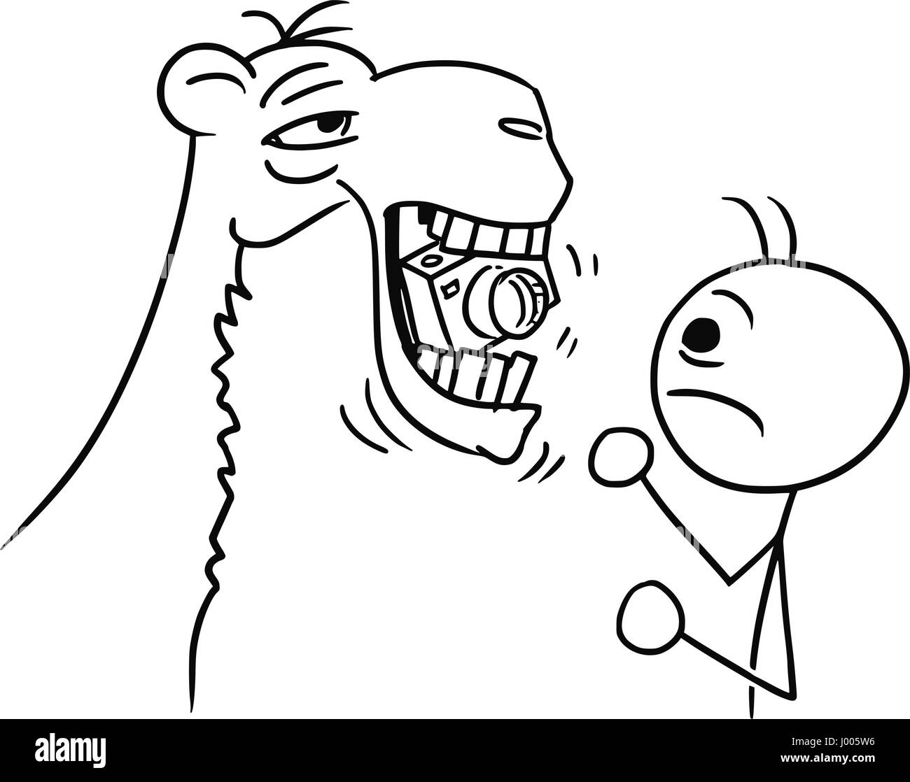 Cartoon vector stickman tourist watching a camel eating his camera Stock Vector