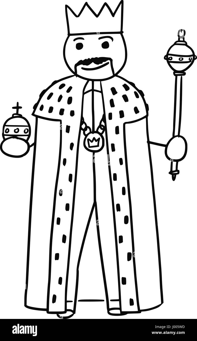 Cartoon vector stickman medieval king is posing in robe gown with royal crown, scepter and apple Stock Vector