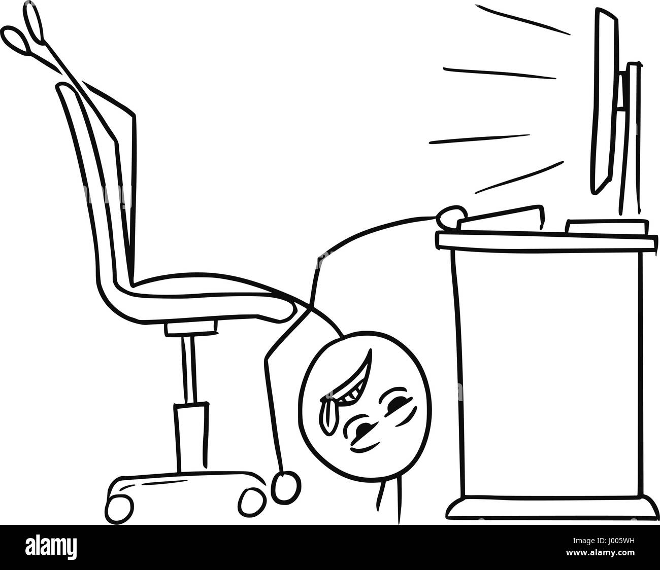 Cartoon vector doodle stick man office worker is lying legs up on the chair in front of the computer screen deadly tired, overworked sleepy or dead Stock Vector