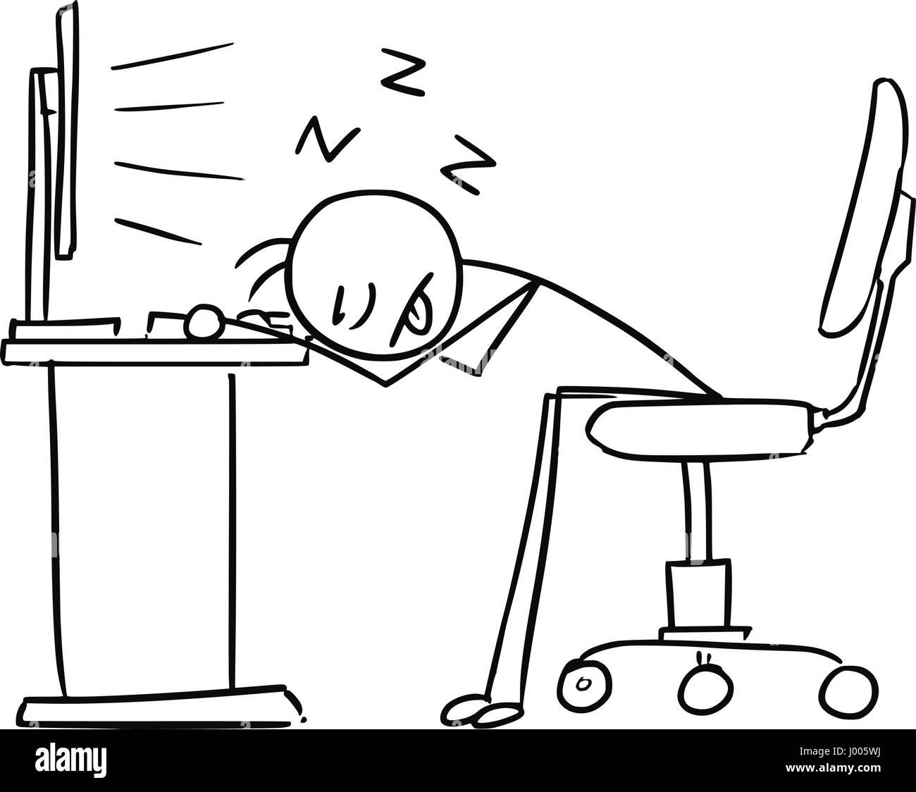 Cartoon vector doodle stick man office worker is sleeping with head on the office table in front of the computer screen deadly tired, overworked and s Stock Vector