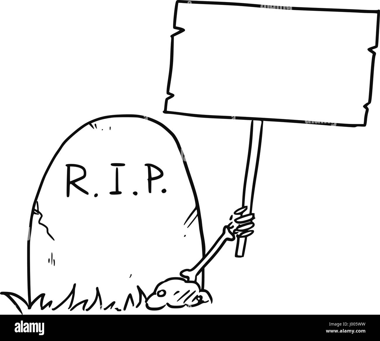 Cartoon vector arm of the dead skeleton is sticking out of the grave tombstone holding empty sign Stock Vector