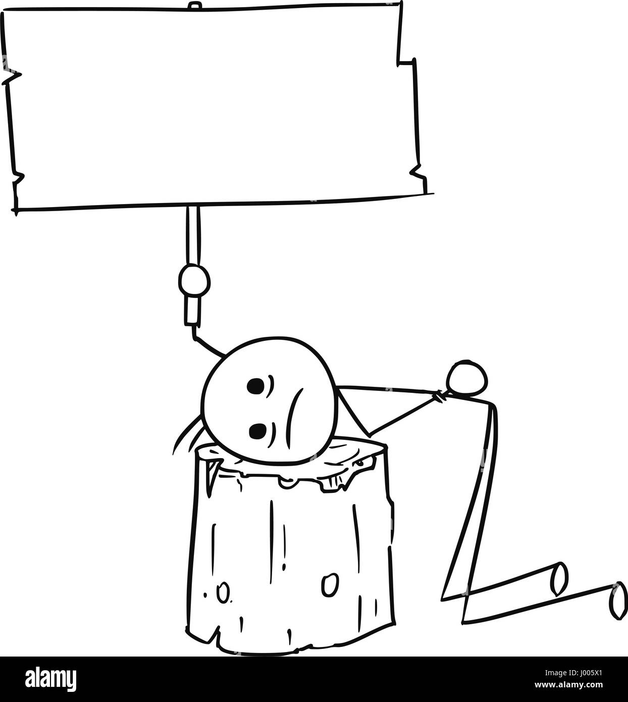 Cartoon vector stick man men sentenced to death with head placed on wooden execution block and holding empty sign Stock Vector