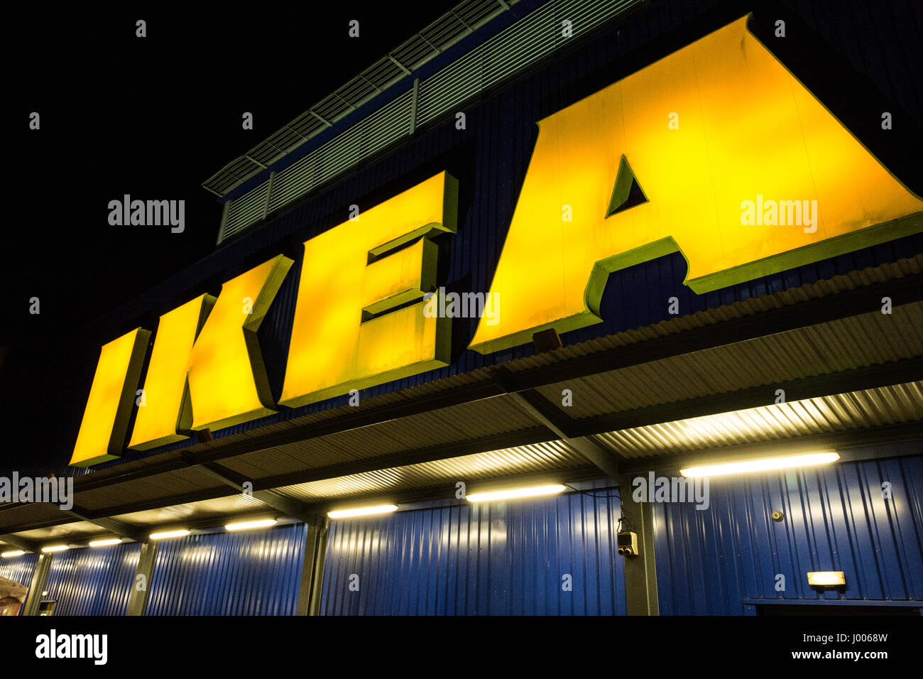 Large yellow, neon Ikea store sign outside Wembley superstore, London, UK Stock Photo