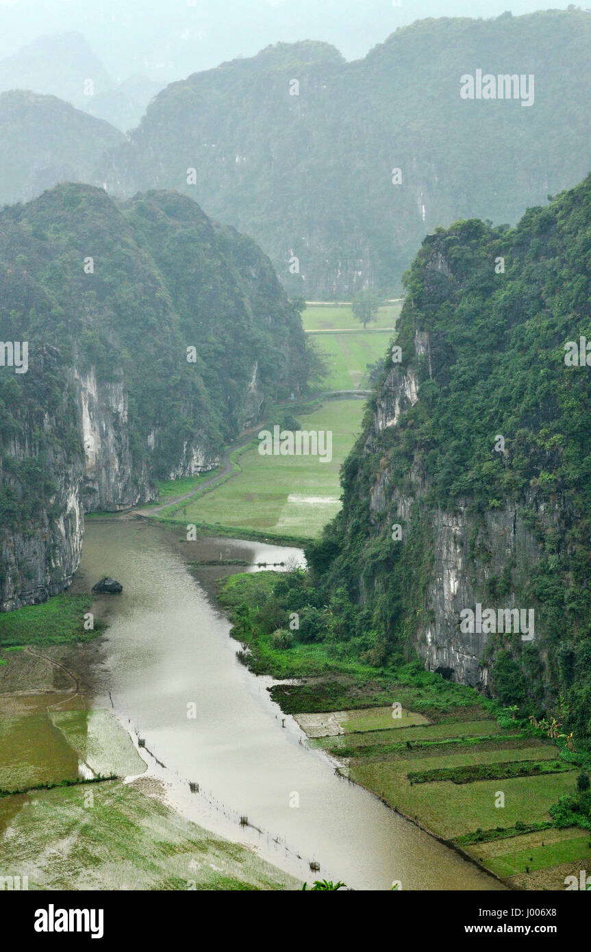 Panorama view of rice fields and limestone rocks from Hang Mua Temple ...