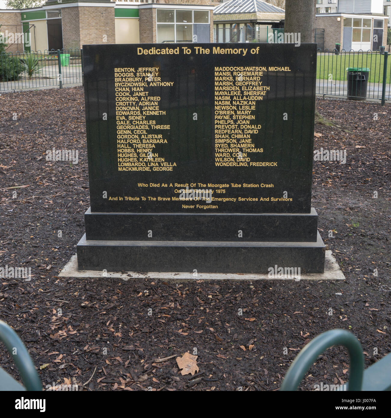 Memorial to the 43 passengers killed in the Moorgate Underground train accident in 28 February 1975, greatest loss of life in peacetime London. Stock Photo
