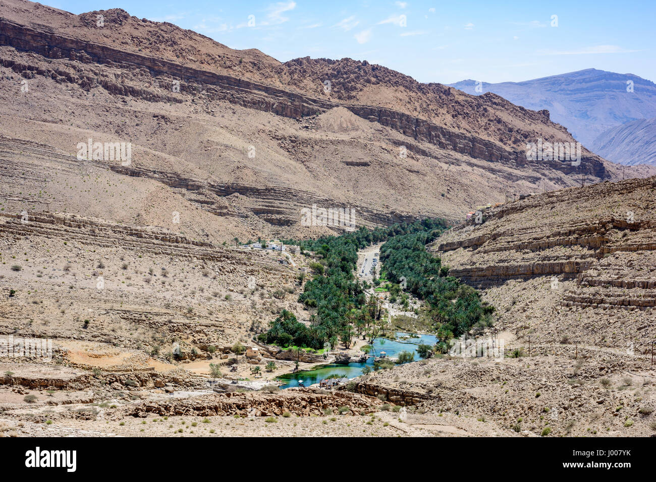 Scenic top view of Wadi Bani Khalid, a main travel destination of the Sultanate of Oman and the most visited Wadi in the country Stock Photo